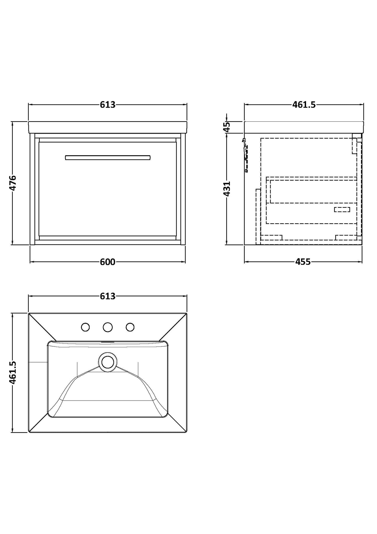 Hudson Reed Lille 600mm Wall Hung Single Drawer Vanity Unit with Basin, 3 Tap Hole, Soft Close Drawers