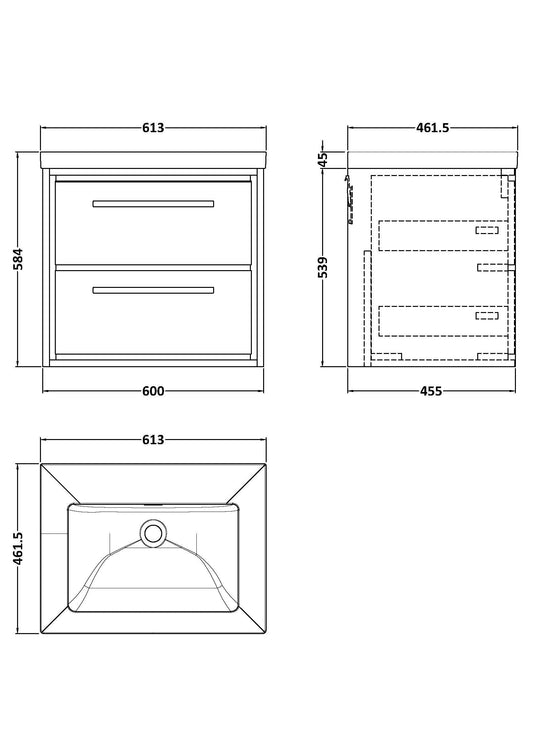 Lille 600mm Wall Hung 2-Drawer Vanity with Basin - 0 Tap Hole