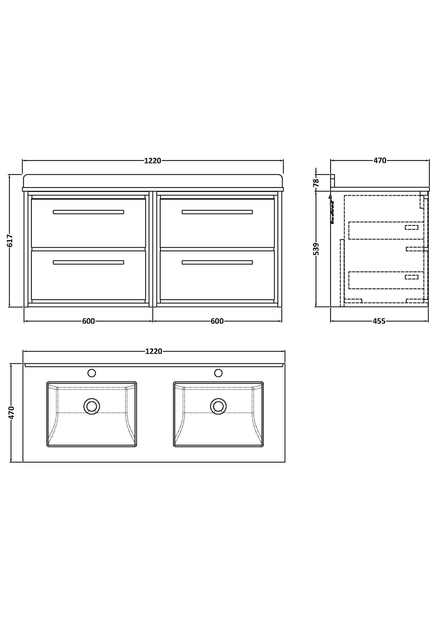 Hudson Reed Lille 1200mm Wall Hung 4-Drawer Vanity Unit with Double Marble Basin, Backsplash & 2 Tap Holes