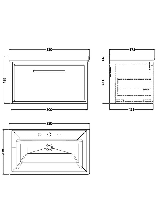 Hudson Reed Lille 800mm Graphite Grey Woodgrain Wall Hung Single Drawer Vanity Unit With 3 Tap Hole Basin