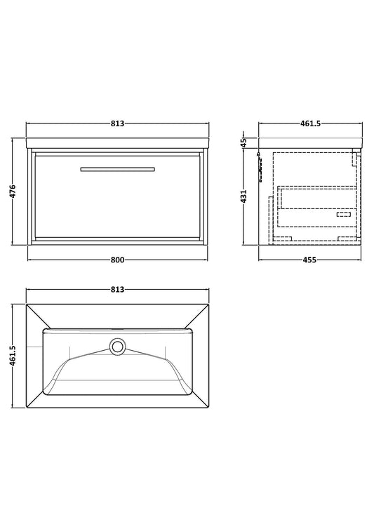 Hudson Reed Lille 800mm Graphite Grey Woodgrain Wall Hung Single Drawer Vanity Unit with Basin Soft Close Fully Assembled