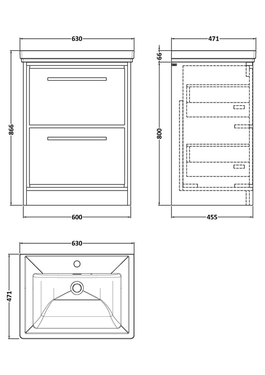 Lille 600mm Floor Standing 2-Drawer Vanity with Basin - 1 Tap Hole