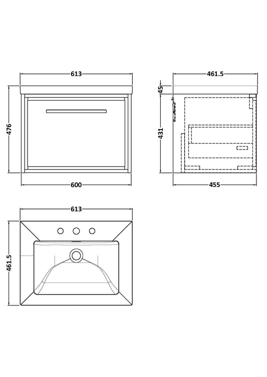 Hudson Reed Lille 600mm Wall Hung Bleached Oak Single Drawer Vanity Unit with 3 Tap Hole Basin