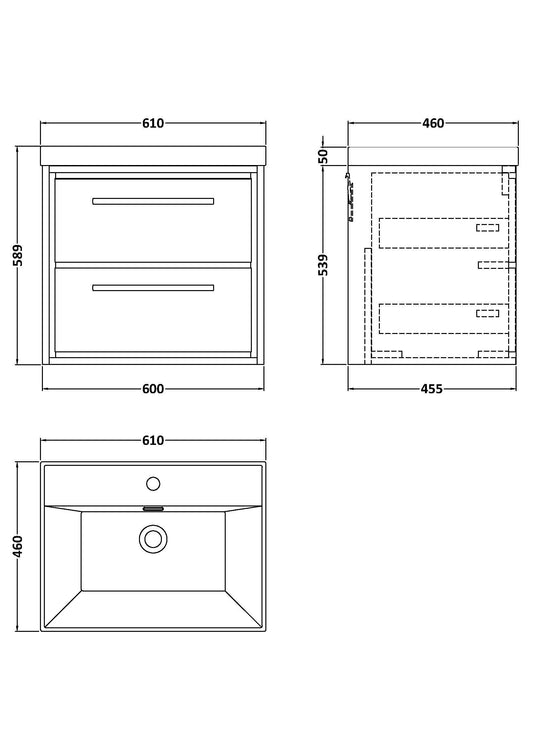 Lille 600mm Wall Hung 2-Drawer Vanity with Basin - 1 Tap Hole