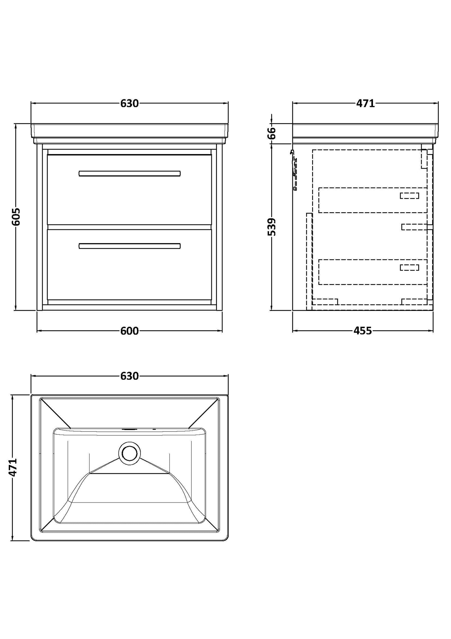 Hudson Reed Lille 600mm Wall Hung 2-Drawer Vanity Unit with 0 Tap Hole Basin