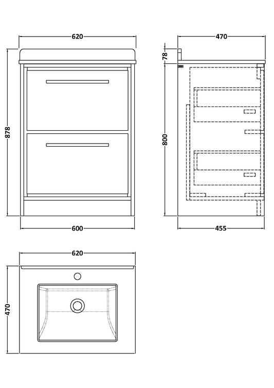 Hudson Reed Lille 600mm Bleached Oak Floor Standing 2-Drawer Vanity Unit with Marble Worktop Basin