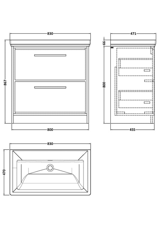 Lille 800mm Floor Standing 2-Drawer Vanity with Basin - 0 Tap Hole
