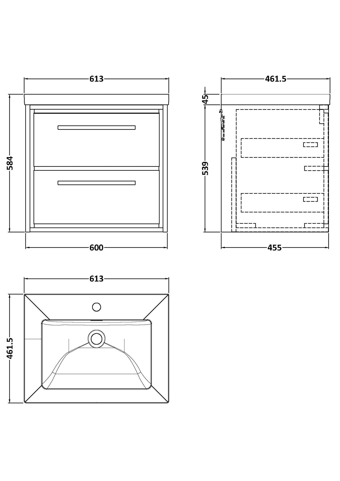 Hudson Reed Lille 600mm Wall Hung 2-Drawer Vanity Unit with 1 Tap Hole Basin