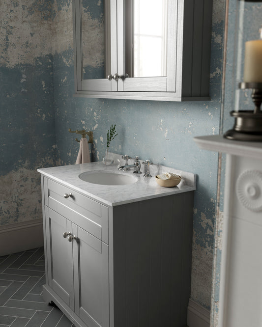 Hudson Reed Old London 800mm Storm Grey Floor Standing 2 Door Vanity Unit With 3 Tap Hole Grey Marble Top Basin