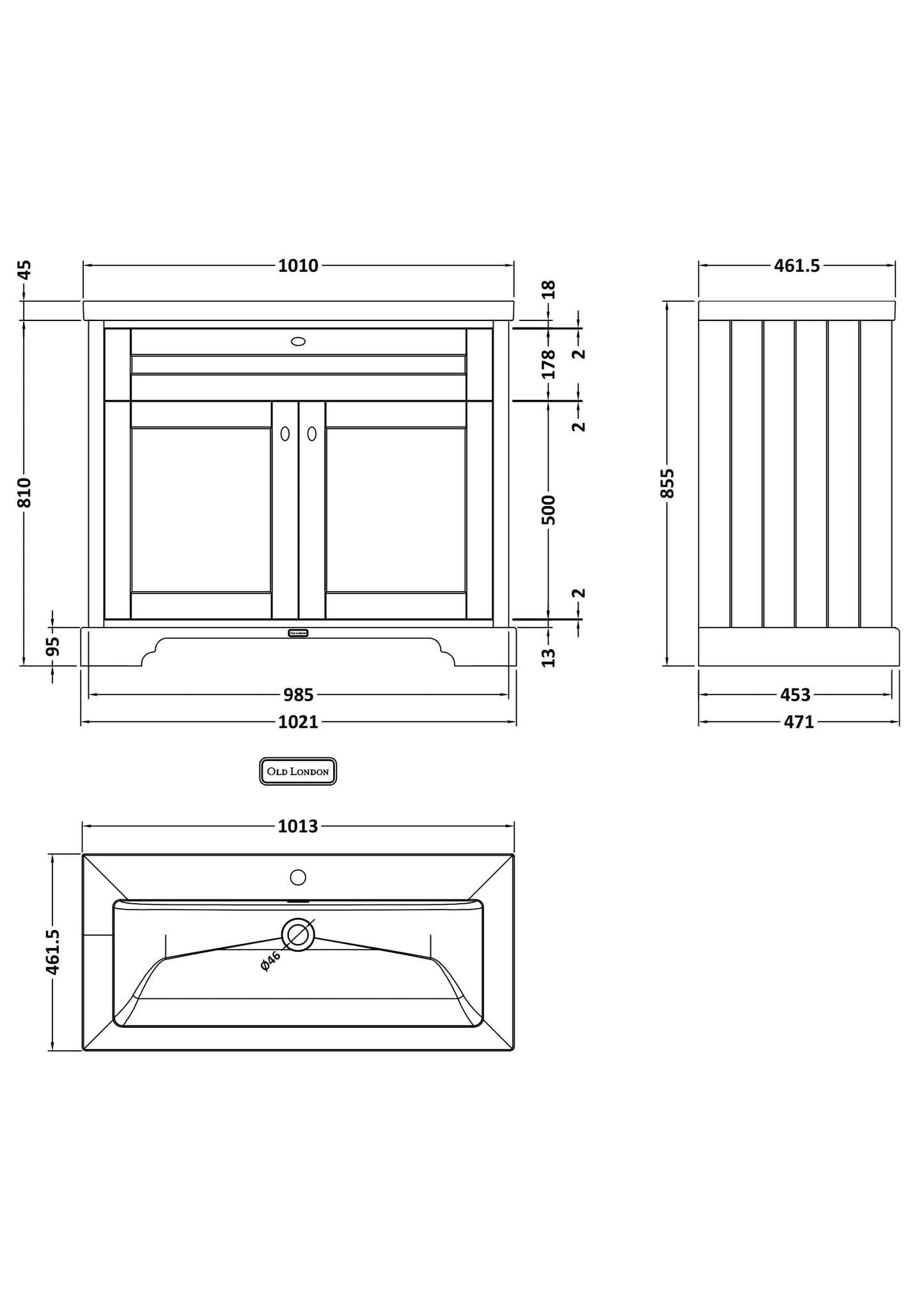 Old London 1000mm 2-Door Unit & Contemporary Fireclay Basin 1TH