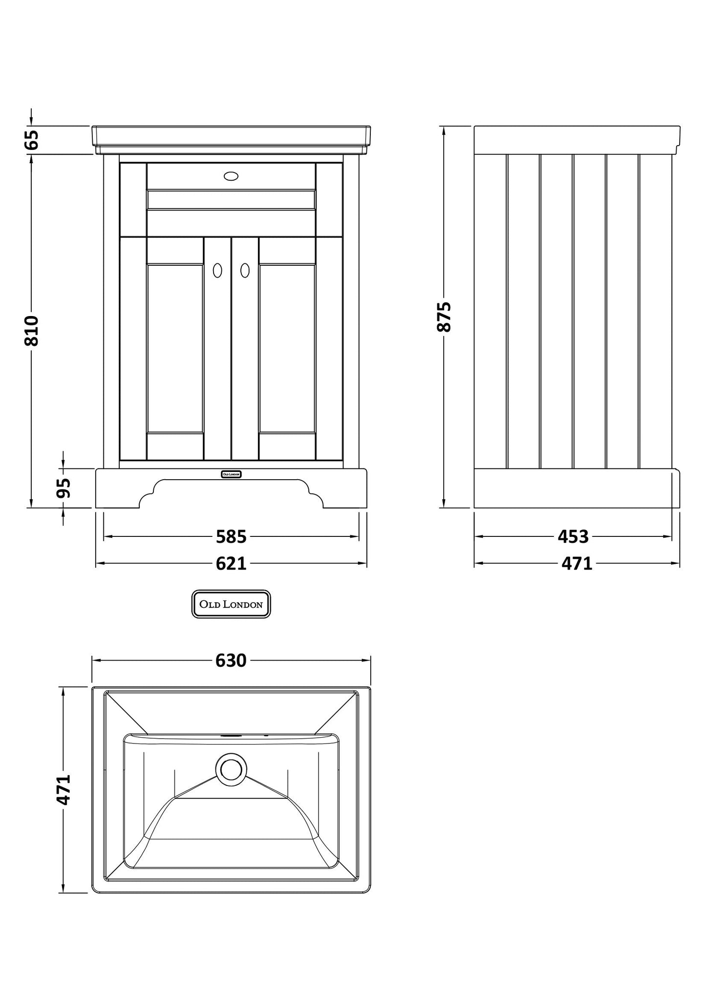Hudson Reed Old London 600mm Timeless Sand Floor Standing 2 Door Vanity Unit With Fireclay Basin