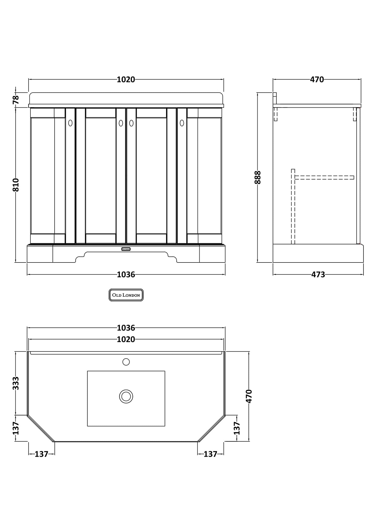 Floor Standing 4 Door Angled Vanity Unit with 1 Tap Hole Black Marble Top 1000mm