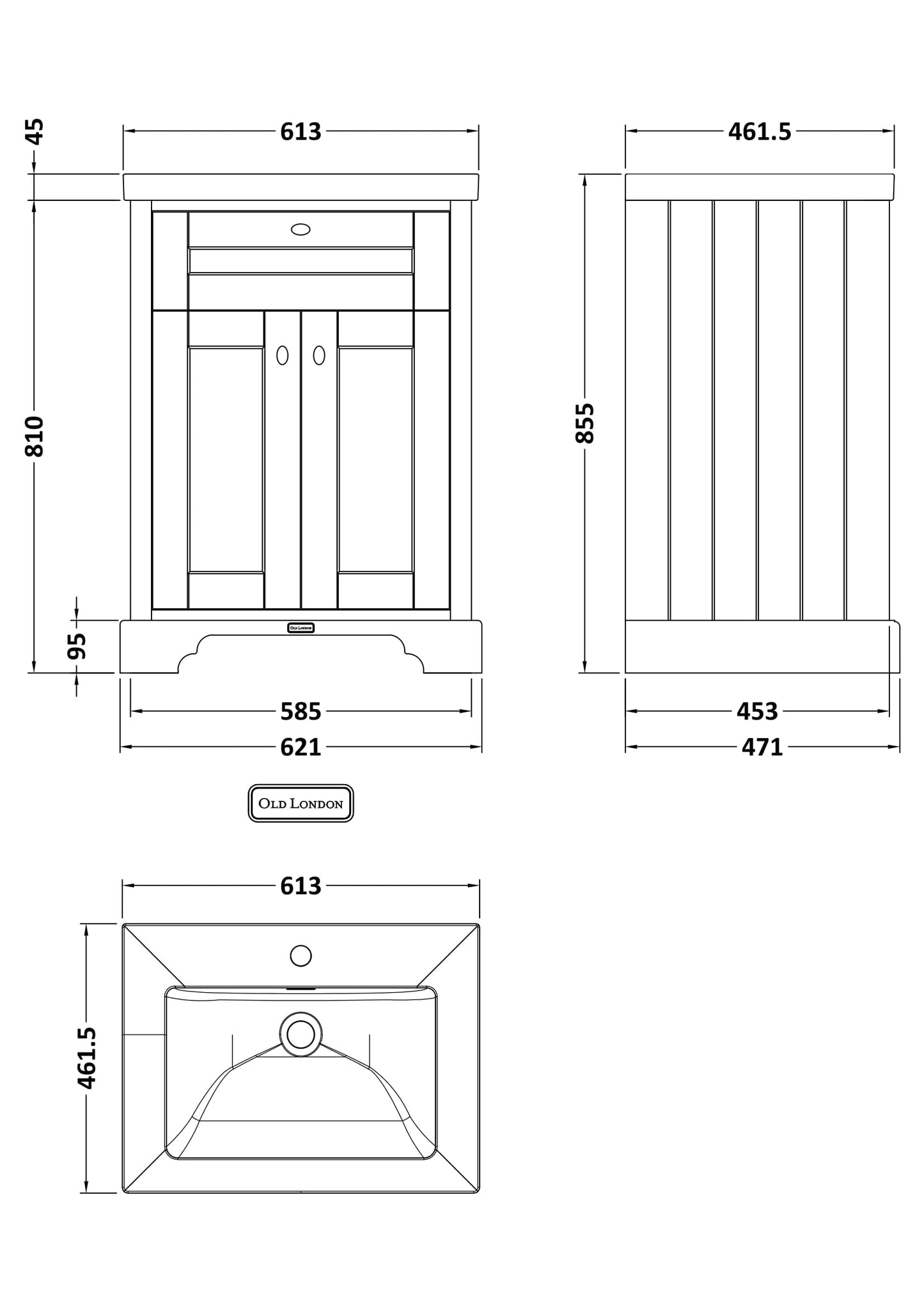 Hudson Reed Old London 600mm Hunter Green 2-Door Floor Standing Vanity Unit With Fireclay Basin