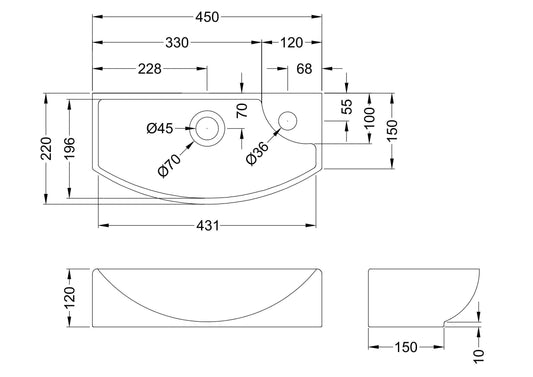 Juno Compact Curved Ceramic Basin Left Hand 1 Tap Hole