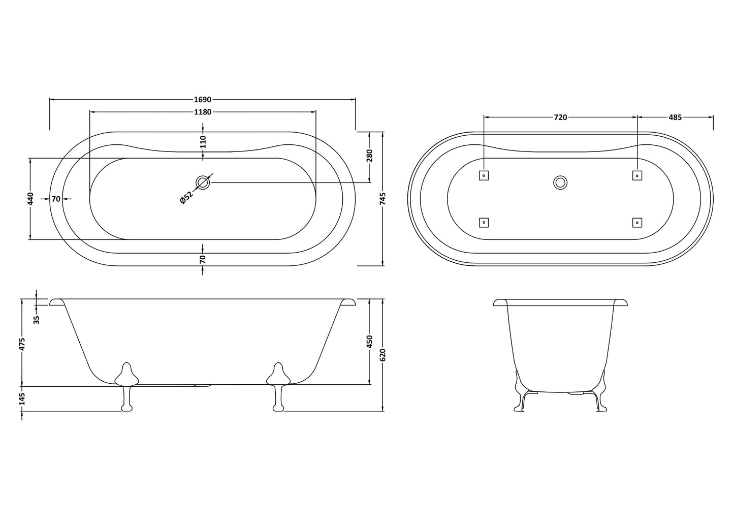 Hudson Reed 1690mm Freestanding Bath With Pride Legs