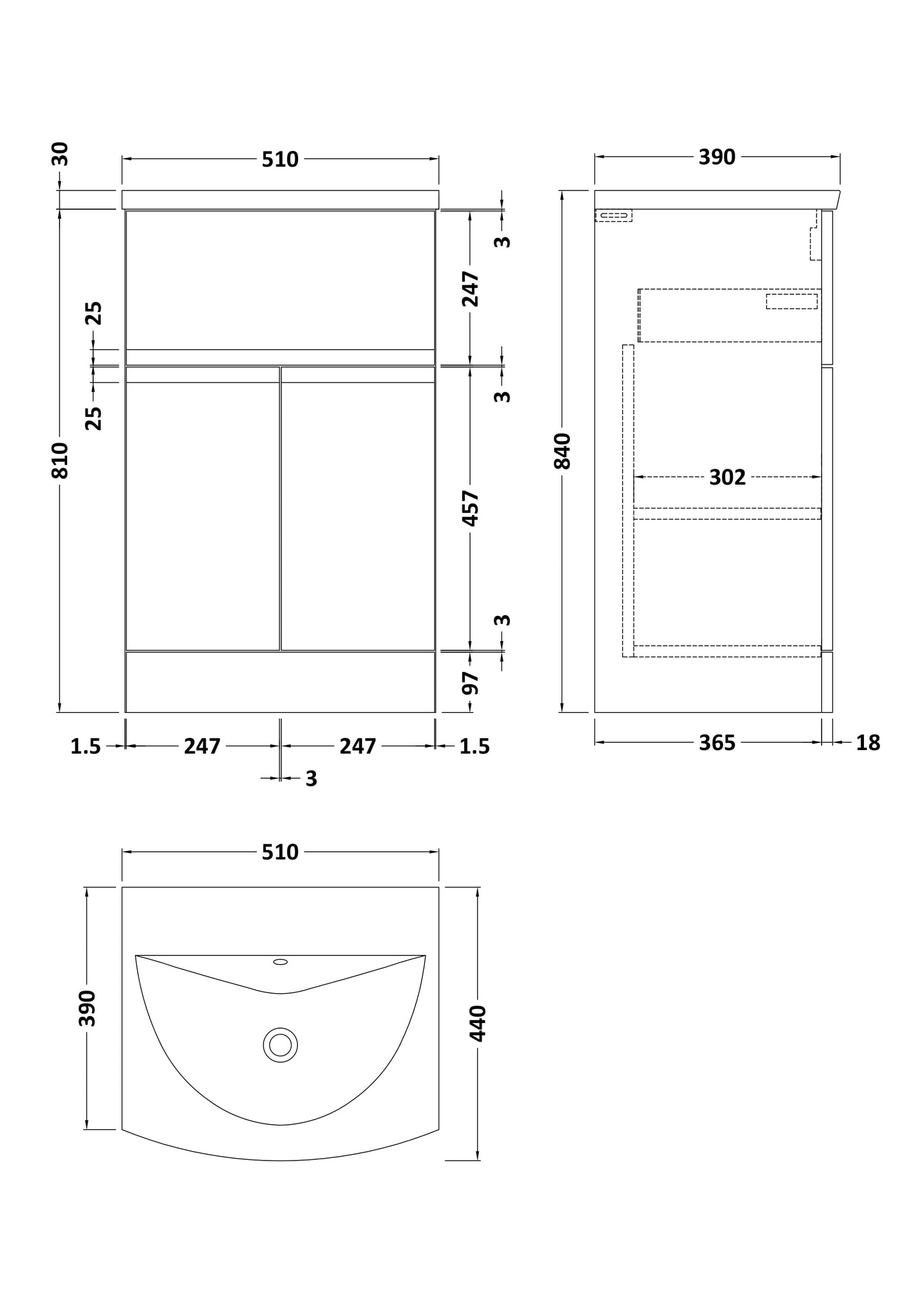 Hudson Reed Urban 500mm Floor Standing 2 Door 1 Drawer Vanity Unit With Curved Basin