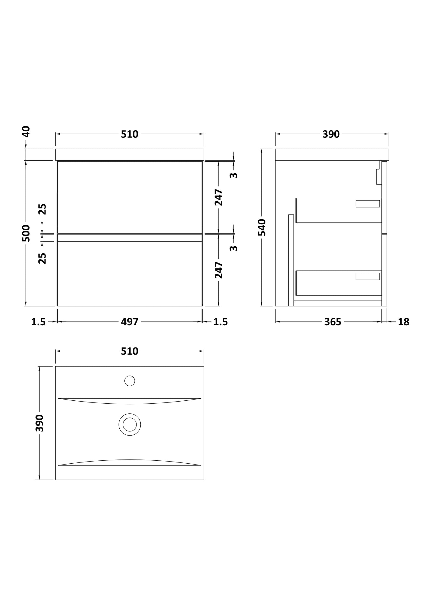Hudson Reed Urban 500mm Wall Hung 2 Drawer Vanity Unit with Mid-Edge Basin