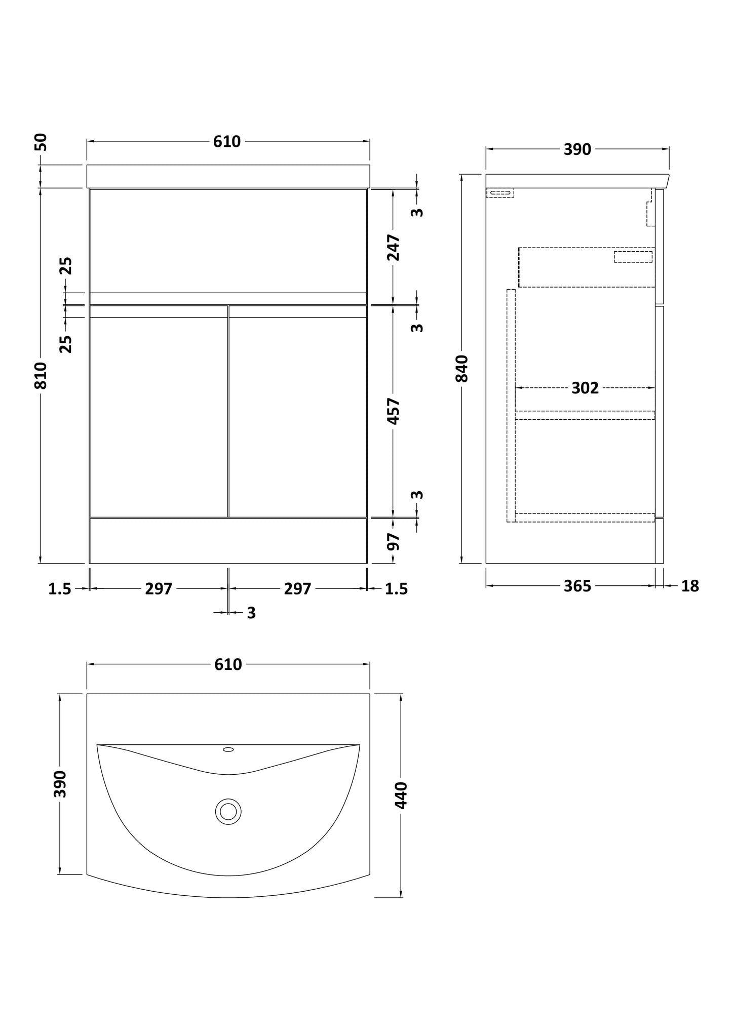 Hudson Reed Urban 600mm 2 Door 1 Drawer Floor Standing Vanity Unit with Basin
