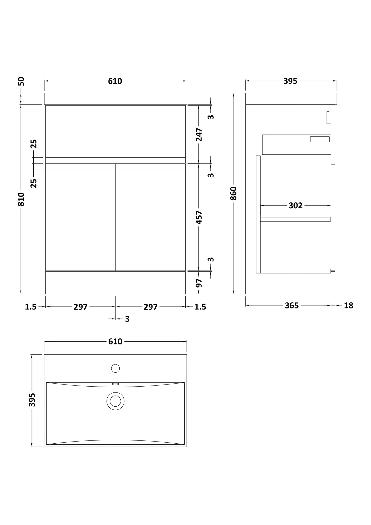 Hudson Reed Urban 600mm Floor Standing 2 Door 1 Drawer Vanity Unit with Basin