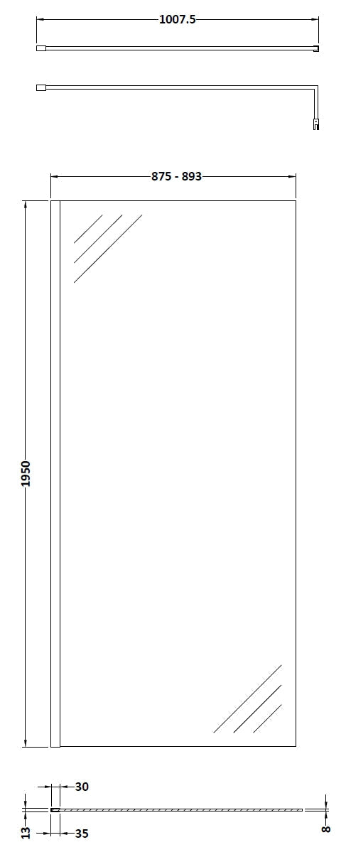 900mm Wetroom Screen With Brass Support Bar