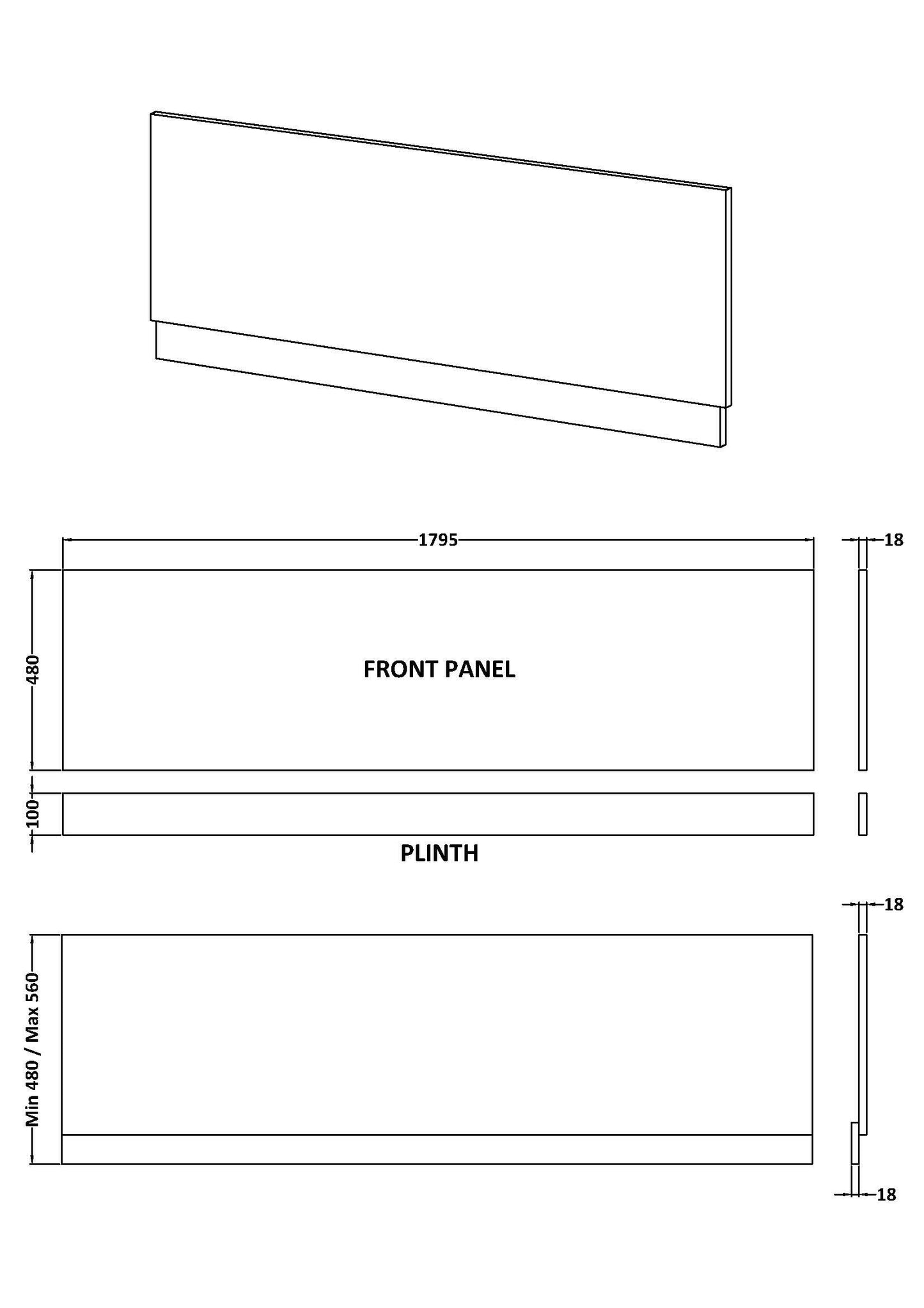 1800mm Bath Front Panel - Pebble Grey