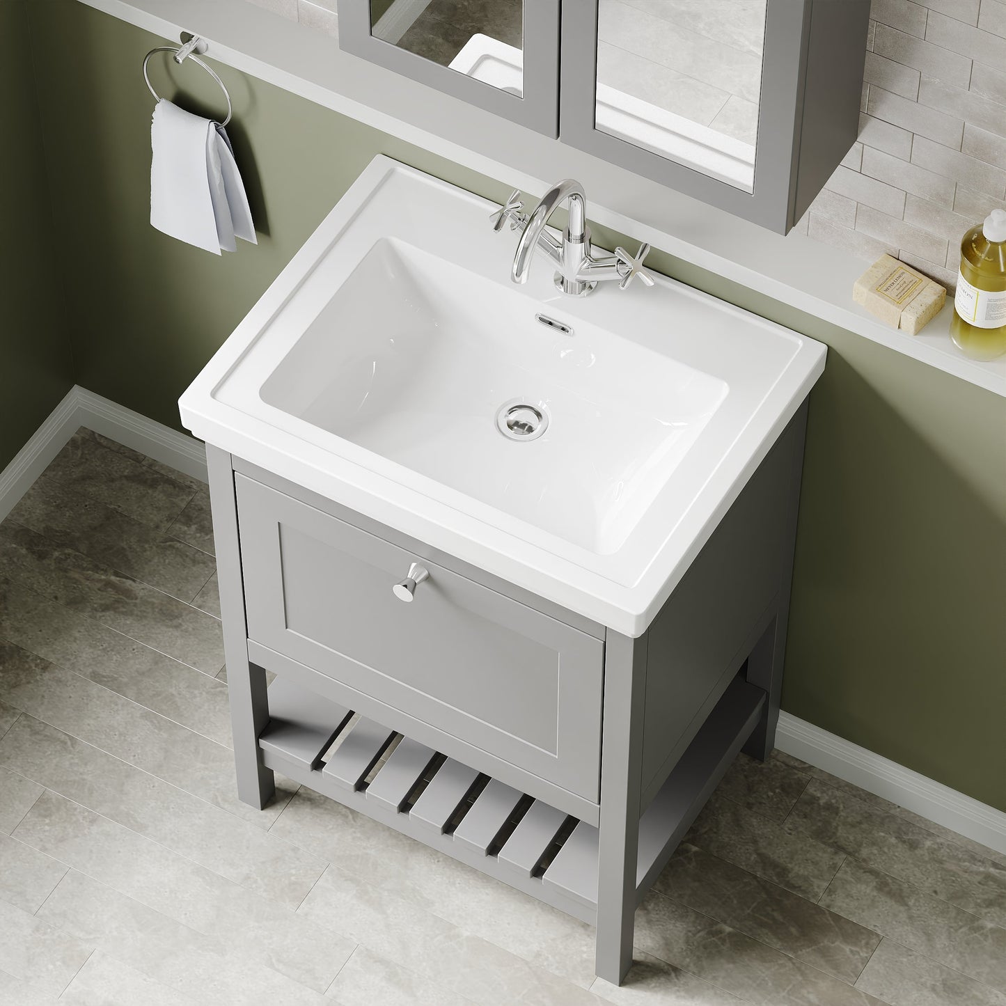 Hudson Reed Bexley 600mm Cool Grey Floor Standing 1 Drawer Vanity Unit with 1 Tap Hole Fireclay Basin