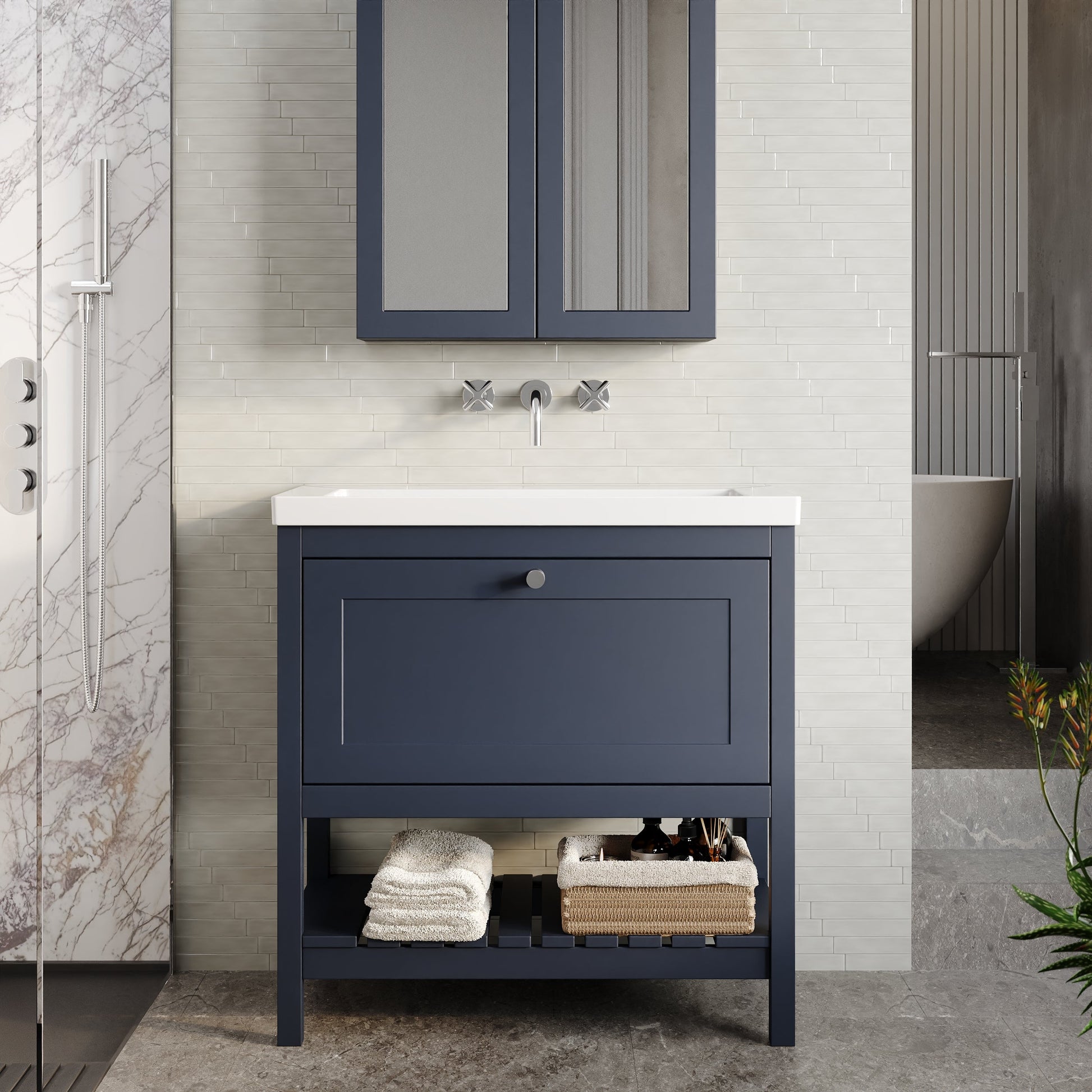 Bexley Floor Standing 1 Drawer Vanity & 0 Tap Hole Contemporary Fireclay Basin, 800mm - Indigo Blue
