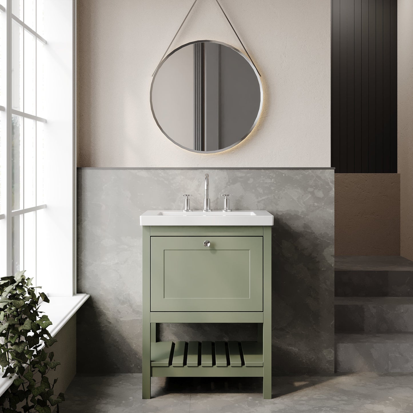 Hudson Reed Bexley 600mm Fern Green Floor Standing 1 Drawer Vanity Unit With 3 Tap Hole Basin