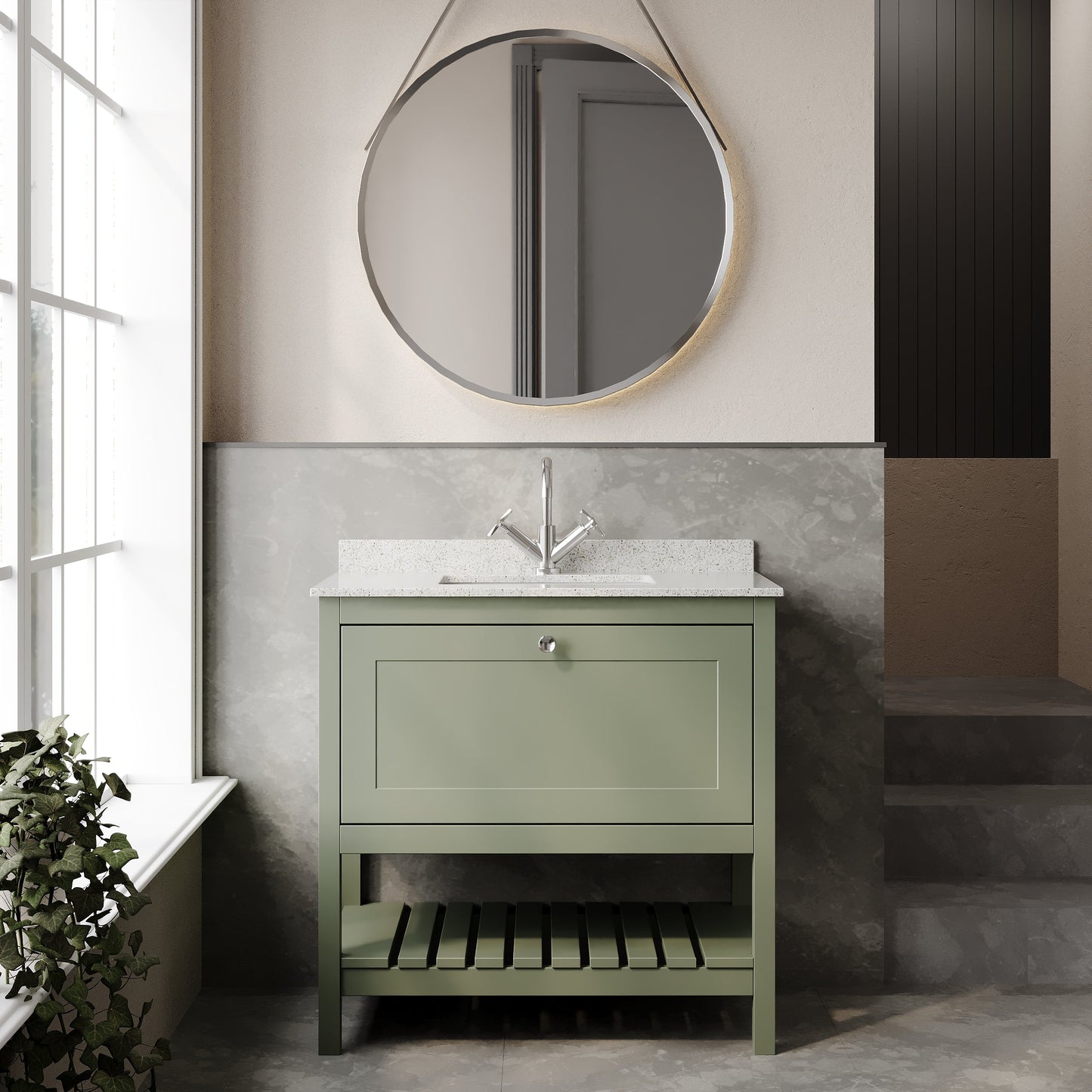 Hudson Reed Bexley 800mm Fern Green Floor Standing Vanity Unit with Single Bowl 1 Tap Hole Marble Top