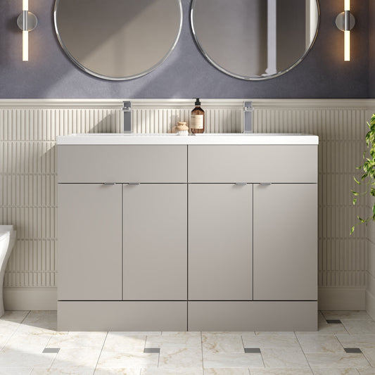 Hudson Reed Fusion 1200mm Pebble Grey 4-Door Floor Standing Vanity with Double Basin Soft Close