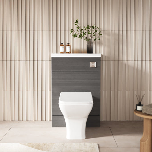 Hudson Reed Fusion 600mm Anthracite Woodgrain Compact Floor Standing Toilet Unit with Polymarble Top
