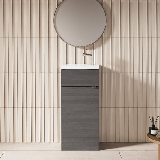Hudson Reed Fusion 400mm Anthracite Woodgrain Floor Standing 1 Door Vanity Unit & Basin With Handle