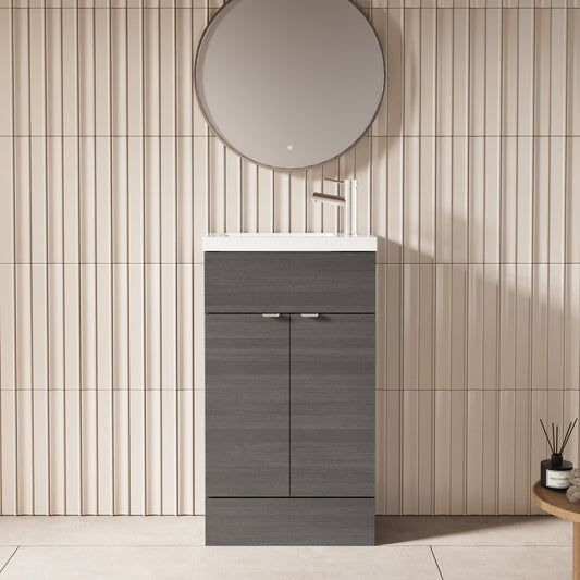 Hudson Reed Fusion 505mm Anthracite Woodgrain Floor Standing 2 Door Vanity Unit with Basin