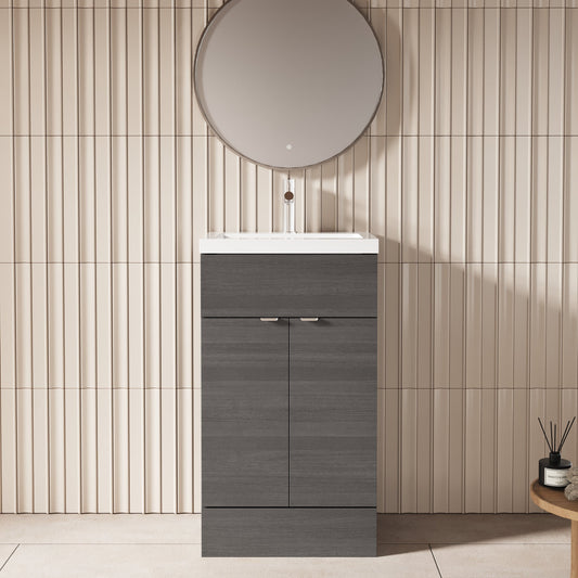 Hudson Reed Fusion 500mm Anthracite Woodgrain Floor Standing 2 Door Vanity Unit with Polymarble Basin