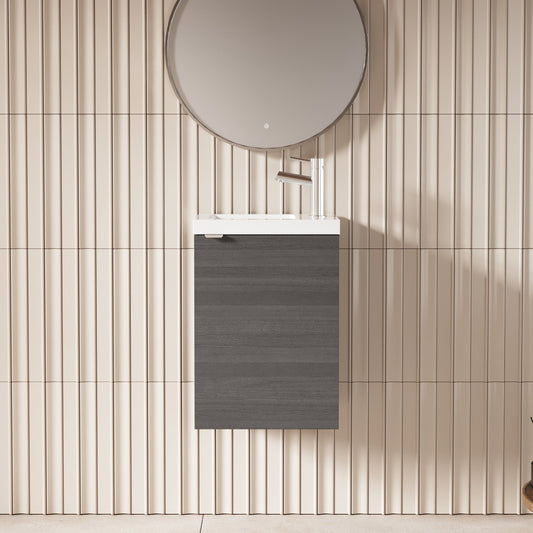 Hudson Reed Fusion 405mm Anthracite Woodgrain Wall Hung 1 Door Vanity Unit & Basin Soft Close Door