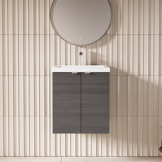 Hudson Reed Fusion 500mm Anthracite Woodgrain Wall Hung 2 Door Vanity Unit With Ceramic Basin