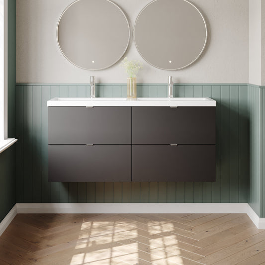 Hudson Reed Fusion 1200mm Gloss Grey 4 Drawer Wall Hung Vanity Unit With Twin Ceramic Basin