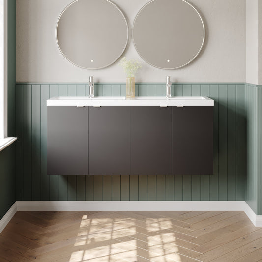 Hudson Reed Fusion 1200mm Gloss Grey Wall Hung 2 Door Vanity Unit & Twin Polymarble Basin