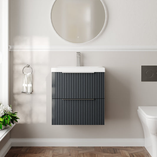 Hudson Reed Fluted 500mm Soft Black Wall Hung 2-Drawer Vanity Unit With Basin