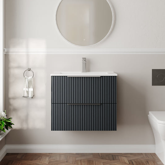 Hudson Reed Fluted 600mm Soft Black Wall Hung 2-Drawer Vanity Unit With Basin