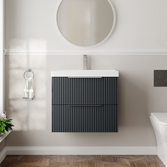 Hudson Reed Fluted 600mm Soft Black Wall Hung 2-Drawer Vanity Unit With Thin-Edge Basin