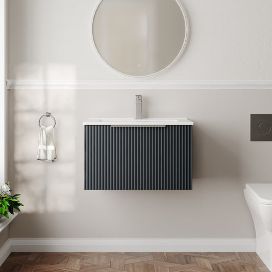 Hudson Reed Fluted 600mm Soft Black Wall Hung Single Drawer Vanity Unit With Ceramic Basin