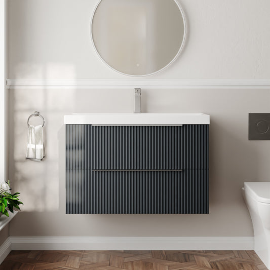 Hudson Reed Fluted 800mm Soft Black Wall Hung 2-Drawer Vanity Unit With Basin
