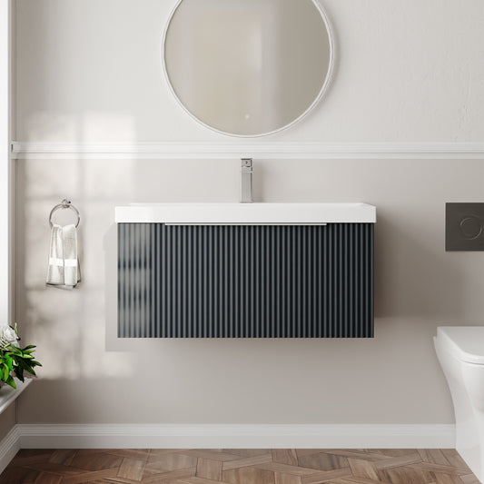 Hudson Reed Fluted 800mm Soft Black Wall Hung Single Drawer Vanity Unit With Ceramic Basin