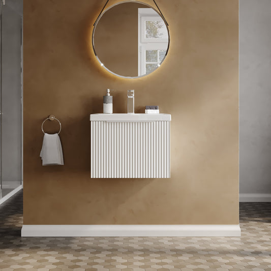 Hudson Reed Fluted 510mm Satin White Wall Hung Single Drawer Vanity Unit With Basin