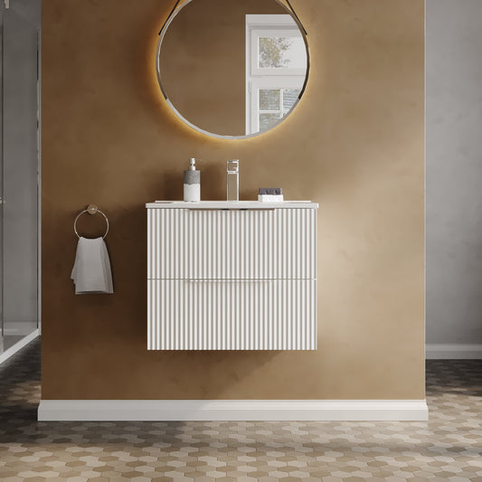 Hudson Reed Fluted 600mm Satin White Wall Hung 2-Drawer Vanity Unit With Basin