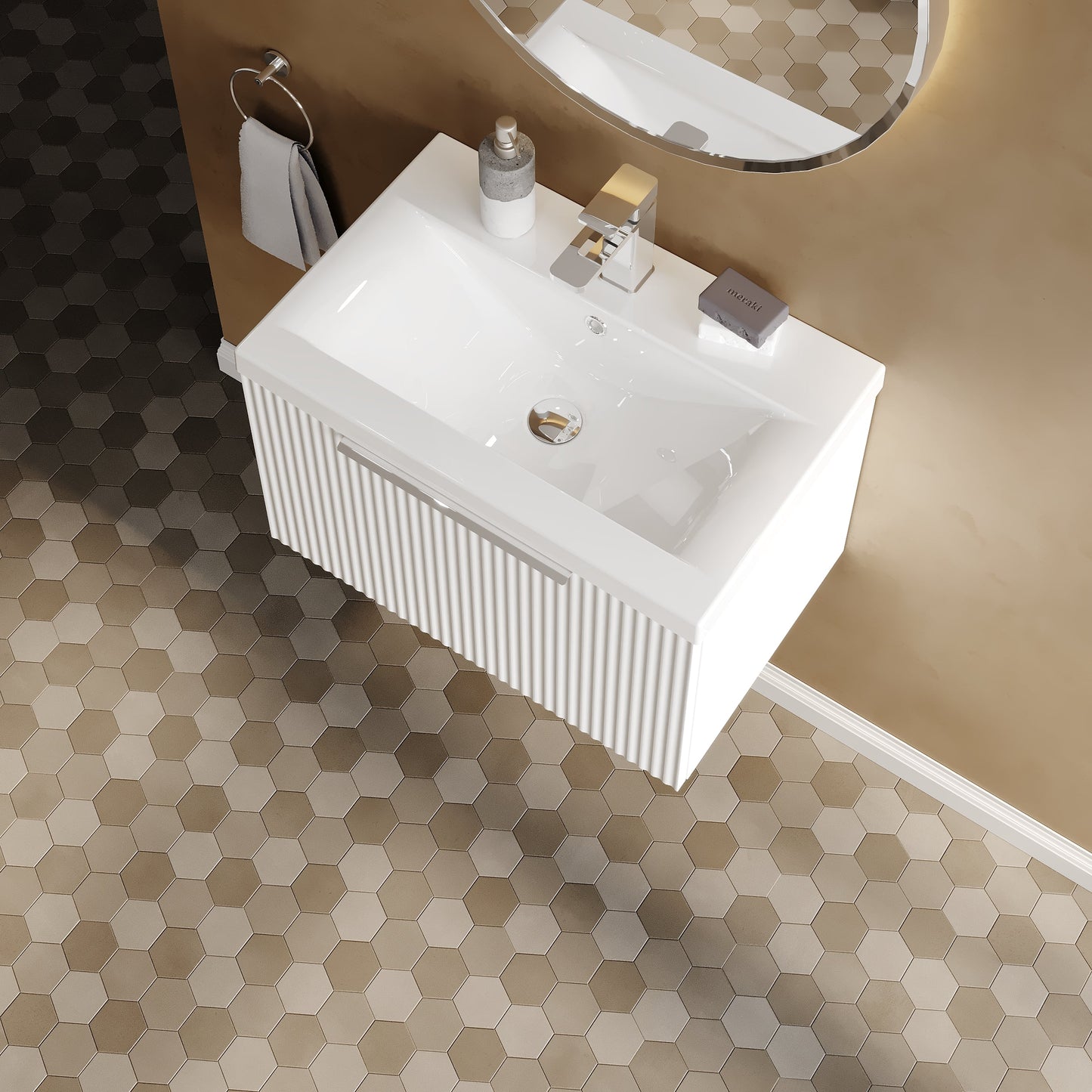 Hudson Reed Fluted 600mm Wall Hung Single Drawer Vanity Unit with Basin