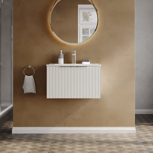 Hudson Reed Fluted 600mm Satin White Wall Hung Single Drawer Vanity With Basin