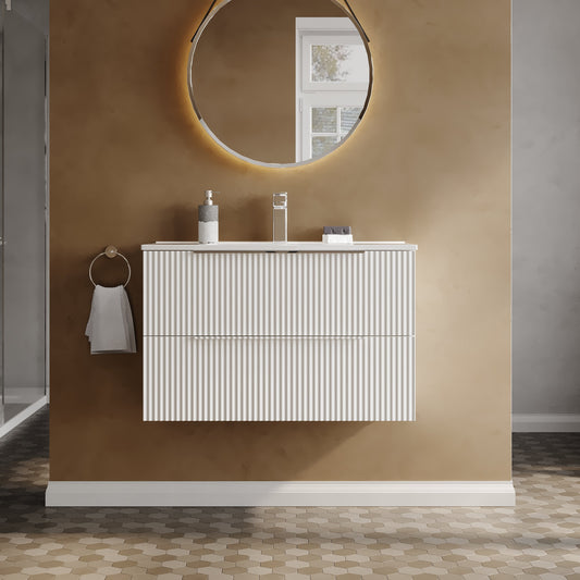 Hudson Reed Fluted 800mm Satin White Wall Hung 2-Drawer Vanity Unit With Basin