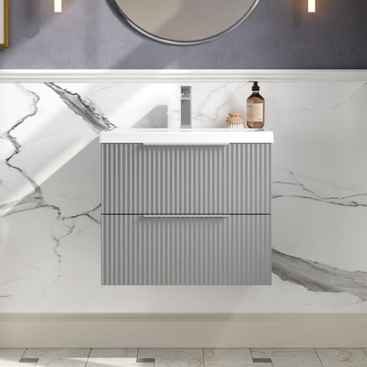 Hudson Reed Fluted 600mm Satin Grey Wall Hung 2-Drawer Vanity and Basin